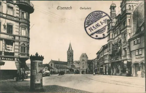 Ansichtskarte Eisenach Karlsplatz Geschäfte Litfasssäule 1906