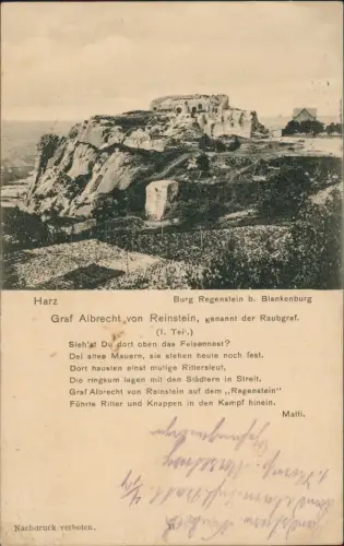 Ansichtskarte Blankenburg (Harz) Burg Burgruine Regenstein - Gedicht 1916