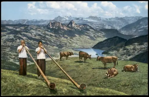 Arth SZ Rigi Kulm Alphornbläser auf Kuh-Weide Berg-Panorama 1950