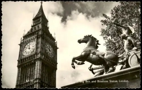Postcard London Big Ben and Boadicea Statue London 1955