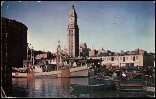 Postcard Boston Harbor View Fishing Fleet Custom House Tower 1955