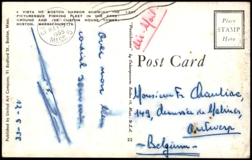 Postcard Boston Harbor View Fishing Fleet Custom House Tower 1955