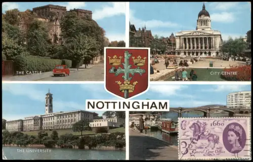 Nottingham Mehrbild-AK Ortsansichten Castle, City Centre, Universität 1970