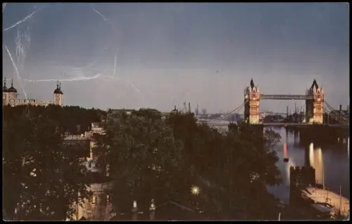 Postcard London Tower Bridge & Tower of London by floodlight 1968