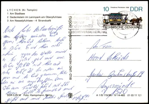 Lychen Stadtsee, Gedenkstein im Leninpark am Oberpfuhlsee,   Strandcafé 1985