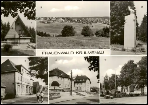 Frauenwald DDR Mehrbild-AK mit Monument, Rennsteig Wanderhütte uvm. 1981/1979