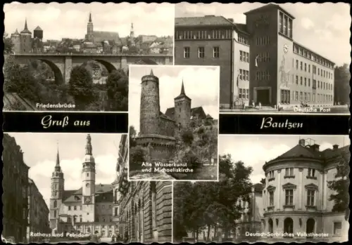 Bautzen DDR Mehrbild-AK 
 Deutsche Post, Friedensbrücke, Volkstheater uvm. 1966