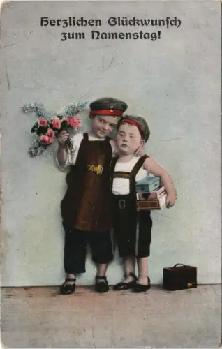 Ansichtskarte  Herzlichen Glückwunsch Namenstag! Sich umarmende Kinder 1910