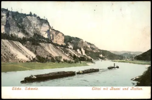 Ansichtskarte Rathen Elbtal mit Bastei Dampfer mit Schleppschiffen 1911