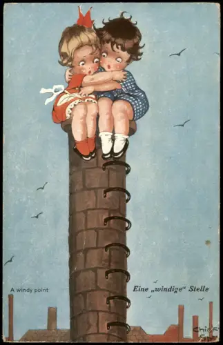 Künstlerkarte Kinder auf Schornstein Windige Stelle Windy Point 1910