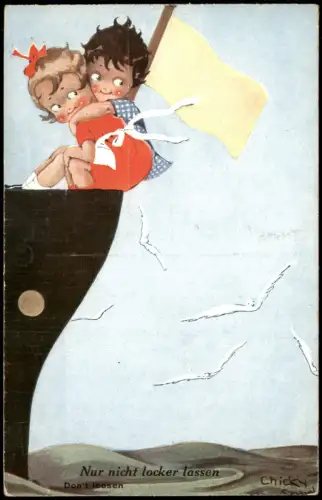 Künstlerkarte Kinder auf Felsvorsprung Nur nicht locker lassen 1910