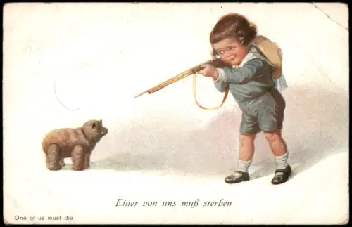 Künstlerkarte Kind schießt auf Stoff-Bär Einer von uns muß sterben 1910