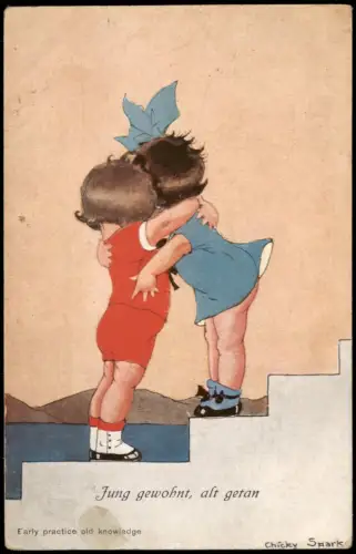 Chicky Spark Künstlerkarte Kinder umarmen sich Jung gewohnt, alt getan 1910
