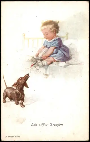Künstlerkarte Kind mit Hund Dackel Ein süßer Tropfen A sweet drop 1910