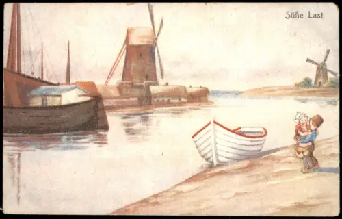 Künstlerkarte Kunstwerk "Süße Last" Kinder vor Windmühle (Holland) 1910