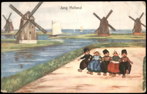 Jung Holland Künstlerkarte Kinder vor Windmühlen (Niederlande) 1910