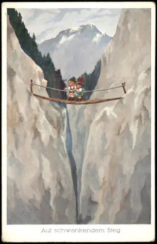 Auf schwankendem Steg Künstlerkarte Gemälde Kinder auf Seilbrücke Bergen 1910