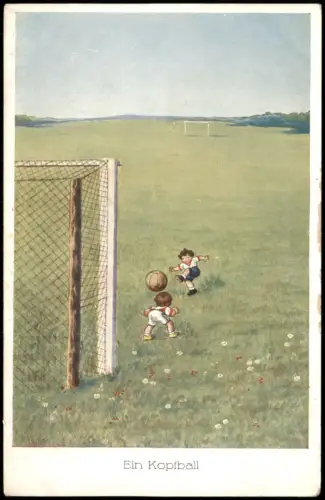 Ansichtskarte  Ein Kopfball Künstlerkarte Kinder auf Fußball Bolzplatz 1910
