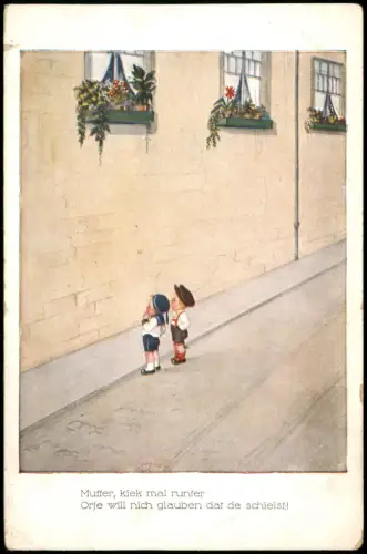 Künstlerkarte Kinder in Trachten-Kleidung warten auf Mutter am Fenster 1910