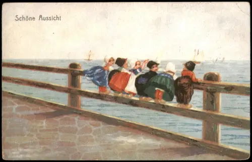 Schöne Aussicht Künstlerkarte Kinder mit Holland-Trachtenkleidung 1910