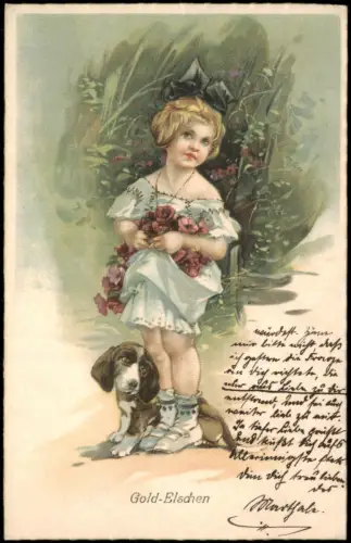 Gold-Elschen Künstlerkarte Kind Mädchen mit Hund u. Blumen 1920