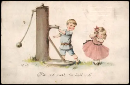 Künstlerkarte Kinder spielen am Brunnen Was sich neckt, das liebt sich 1919