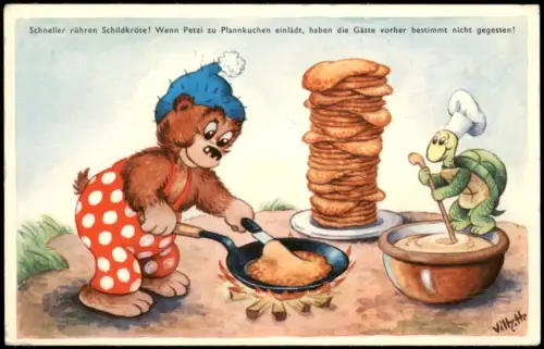 Sign. Künstlerkarte Bär und Schildkröte beim Pfannkuchen machen 1930
