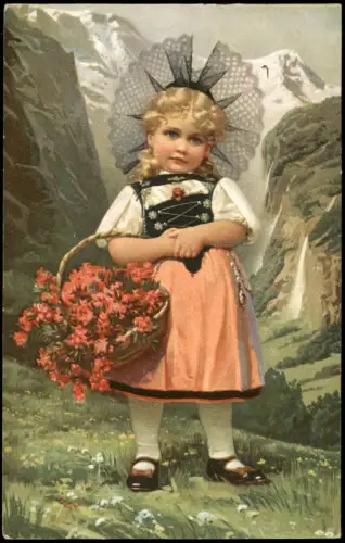 Chocolats Sprüngli Künstlerkarte Mädchen in Trachten-Kleidung 1910