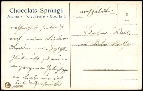 Chocolats Sprüngli Künstlerkarte Mädchen in Trachten-Kleidung 1910