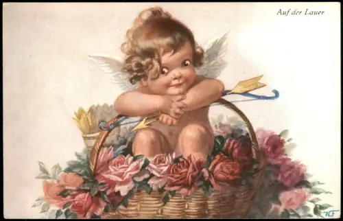 Auf der Lauer Künstlerkarte Mädchen mit Amor-Bogen u. Pfeilen 1920