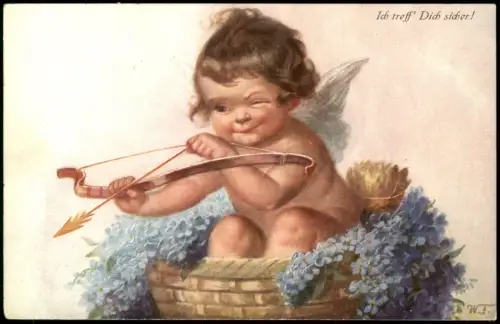 Ich treff' Dich sicher! Künstlerkarte Kind nackt im Korb mit Pfeil u. Bogen 1910