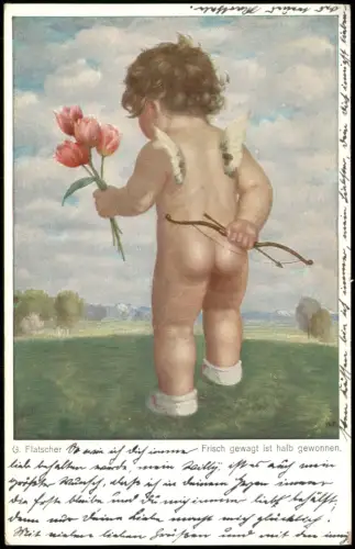 G. Flatscher Künstlerkarte Kind nackt mit Amor-Pfeilen u. Bogen 1920