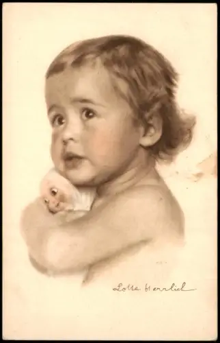 Ansichtskarte  Lotte Herrlich Kinderköpfe, Kind hält Puppe lieb 1920