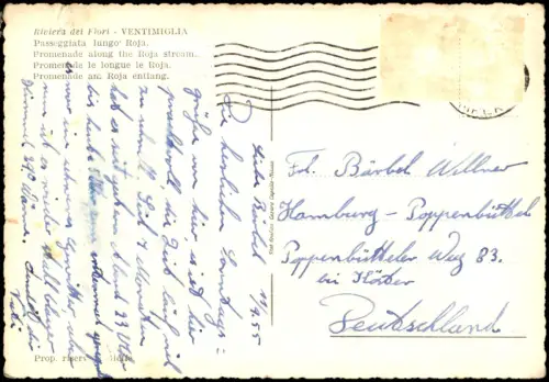 Cartolina Ventimiglia Promenade le longue le Roja. 1955