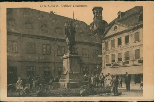 Ansichtskarte Koblenz Müller-Denkmal. Lehrmittelanstalt Stadthaus 1923