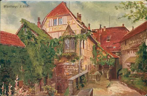 Ansichtskarte Eisenach Wartburg: I. Hof. Künstlerkarte 1913