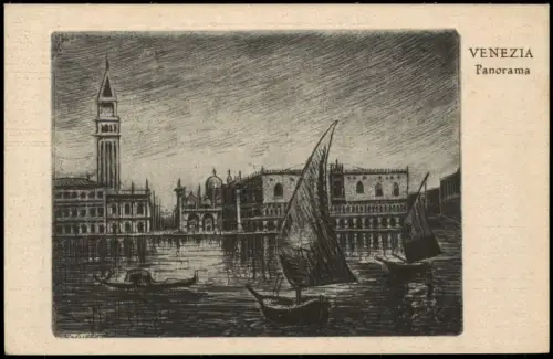 Cartolina Venedig Venezia Panorama Federzeichnung Künstlerkarte 1925