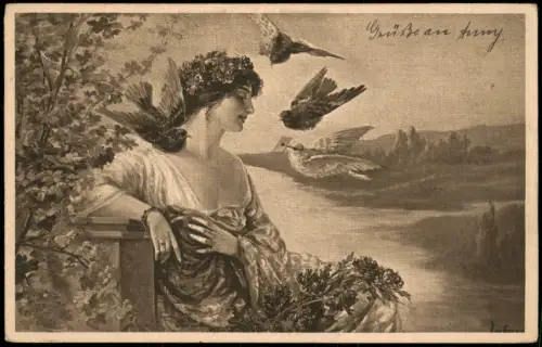 Künstlerkarte Gemälde  Liebesbotschaft Verliebte Frau  Brief-Tauben 1918