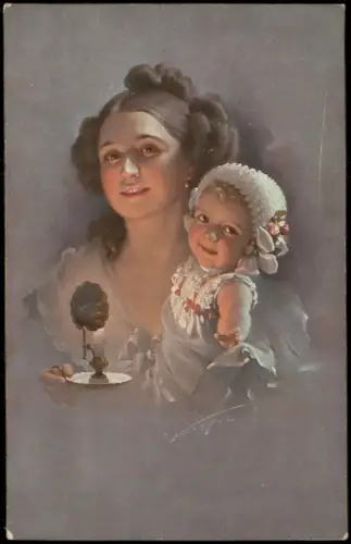 Signierte Künstlerkarte Frau mit Kind / Puppe auf dem Arm 1923