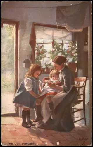 Oilette Künstlerkarte "The Cut Finger" Mutter kümmert sich um Kinder 1910