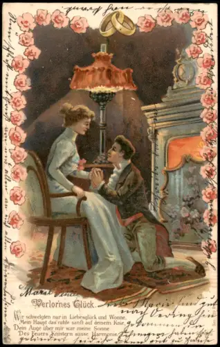 Liebe Liebespaare 2 Verliebte, romantisch Blumen-Verziehrung Künstlerkarte 1906