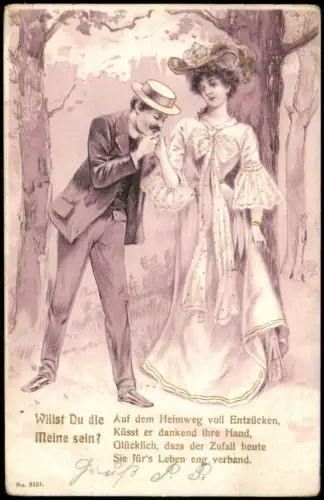 Künstlerkarte Liebe Liebespaare Mann hält um die Hand der Frau an 1900