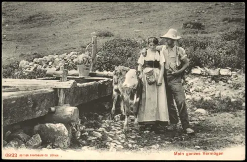 Liebe Liebespaar "Mein ganzes Vermögen" Kuh-Hirte mit seiner Liebsten 1911