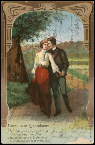 Künstlerkarte Liebe Liebespaar 2 Verliebte verträumt beim Spaziergang 1900