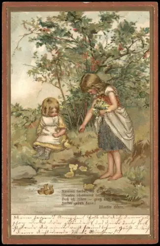 Ansichtskarte  Kinder füttern Enten Künstlerkarte, Verse Martin Blum 1902