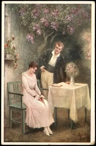 Künstlerkarte Gemälde N. Gerstner pinx. Unterm Fliederbaum, Paar Liebespaar 1910