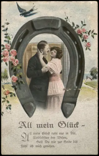 Romantik Liebe Liebespaar unter Hufeisen mit Blumen Ornamenten 1910