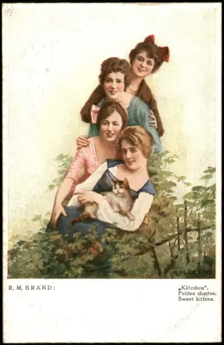 Ansichtskarte  Künstlerkarte R. M. BRAND: Kätzchen Mädchen mit Katze 1910