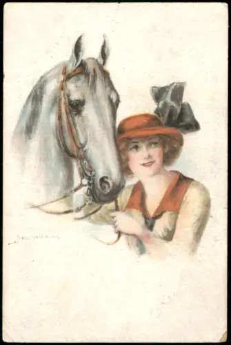 Künstlerkarte Gemälde Motiv Frau mit Hut mit ihrem Pferd 1918