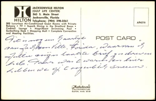 Postcard Jacksonville (FL) Hilton Hotel Main Street Gulf Life Center 1971